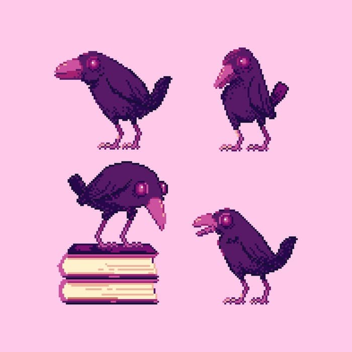 пиксельный рисунок вороны и книг